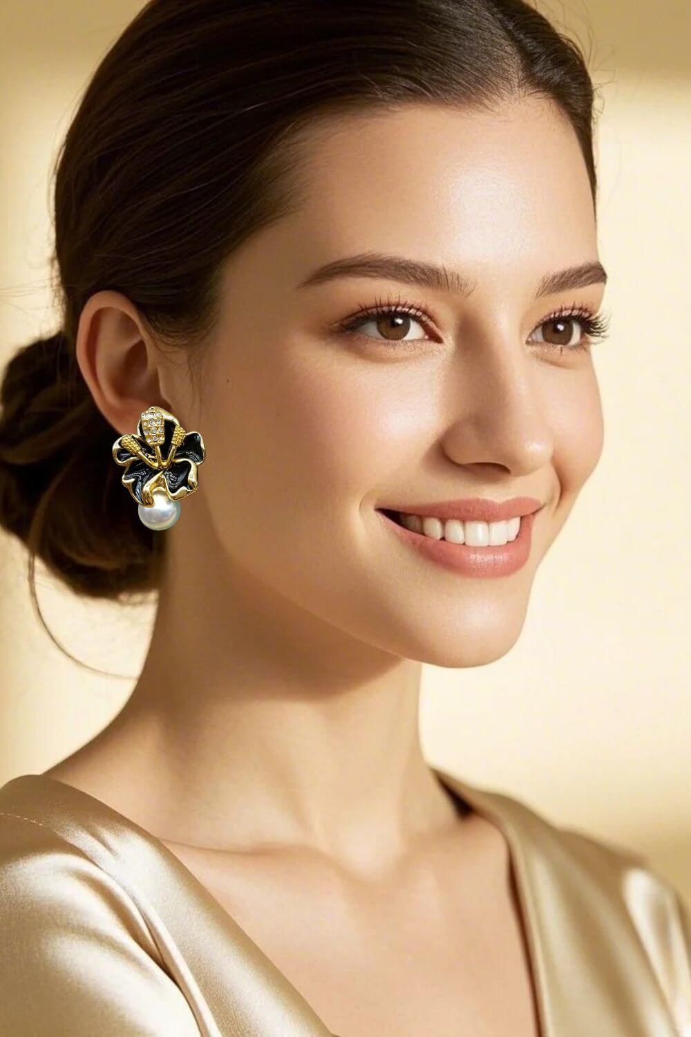 Black Flower Pearl Earrings-OYE046