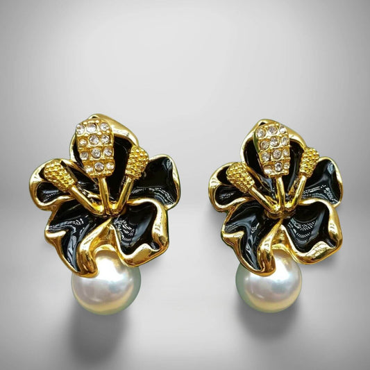 Black Flower Pearl Earrings-OYE046