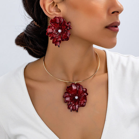 Red Flower Earrings Necklace Set