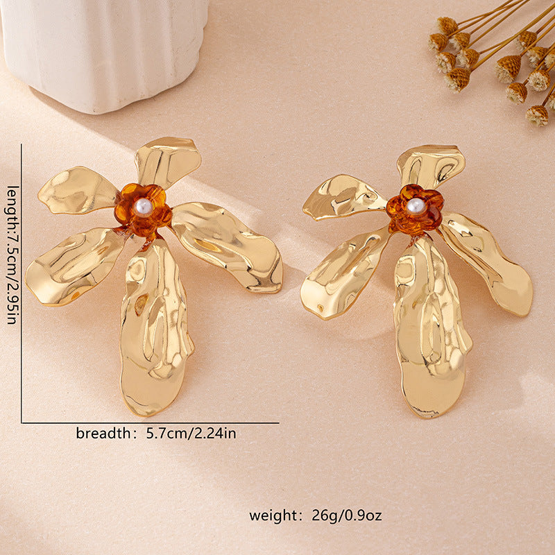 European and American Cross-Border Trend New Style Elegant Exaggerated Metal Flower Earrings Noble Niche Personality Design Earrings Jewelry