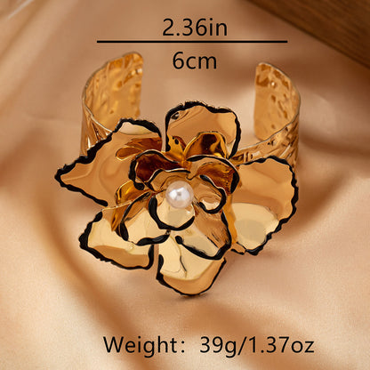 European and American Cross-Border New Niche Design Black Edge Glaze Flower Inlaid Pearl Open Bracelet Elegant Fashion