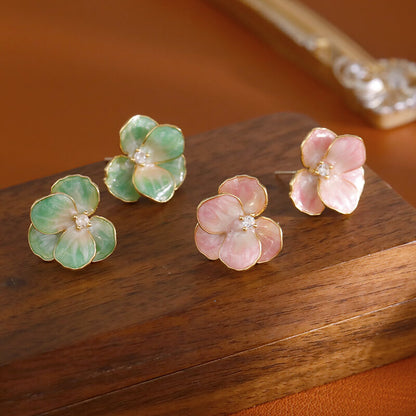 Romantic Pink Camellia Earrings - 3D Enamel Floral Studs -Dainty Spring Jewelry
