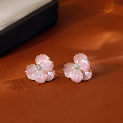 Romantic Pink Camellia Earrings - 3D Enamel Floral Studs -Dainty Spring Jewelry